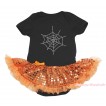 Halloween Black Baby Bodysuit Bling Orange Sequins Pettiskirt & Sparkle Rhinestone Spider Web Print JS4626